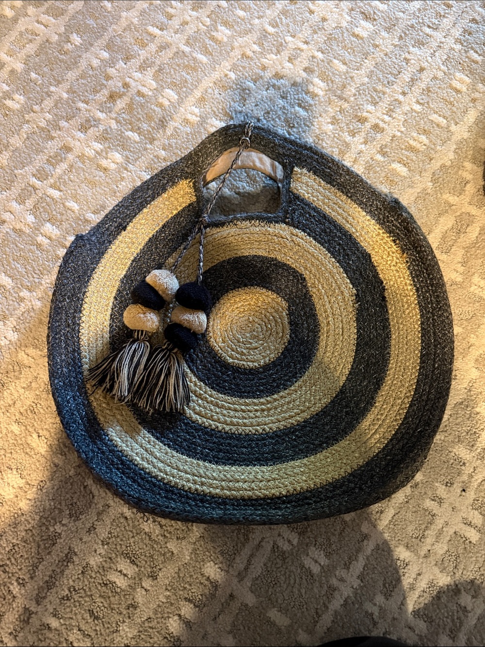 American and beyond Round Straw Tote with Black and Natural Stripes